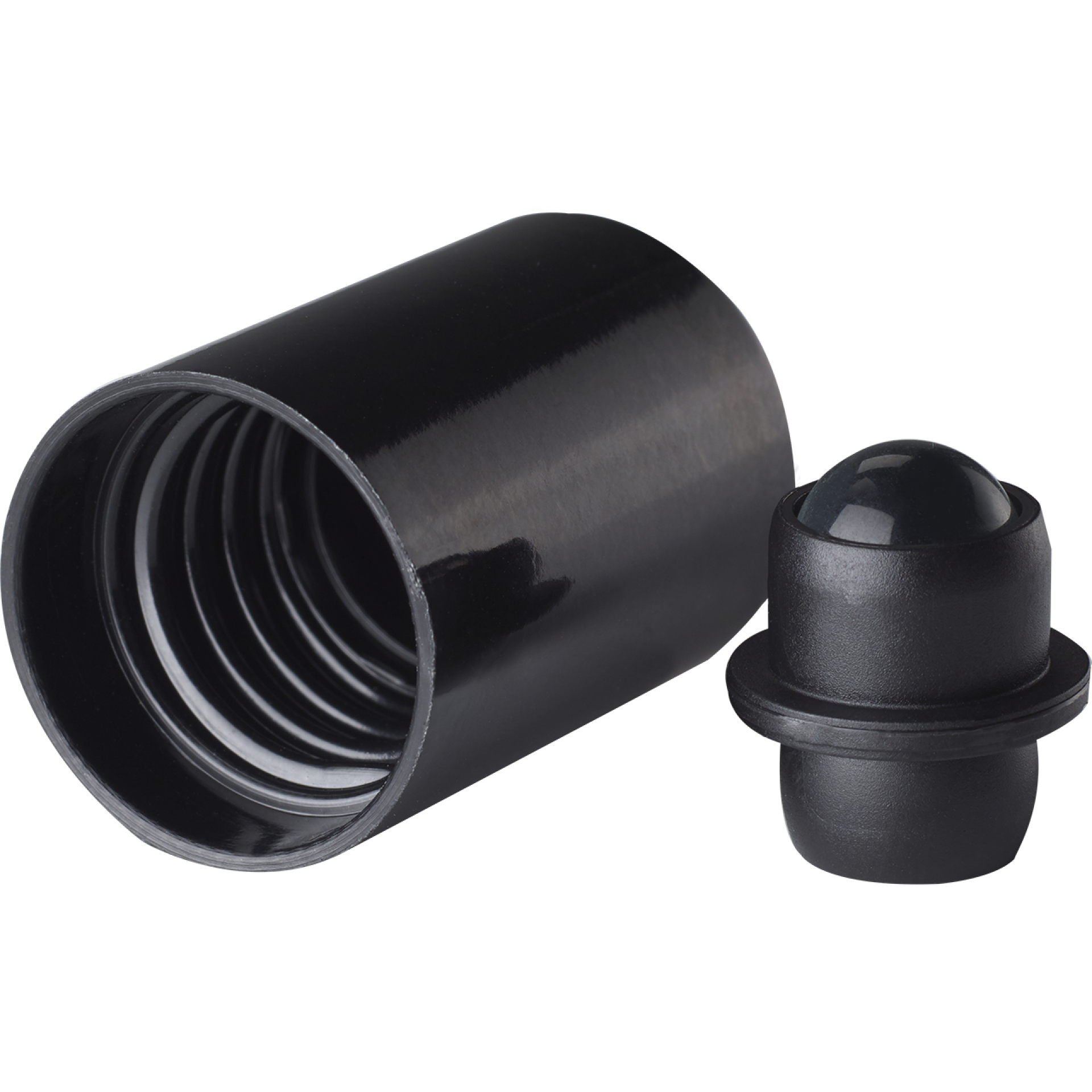 Roll-on cap DIN18, PP, black fitment, polished glass ball, black cap (Orion)