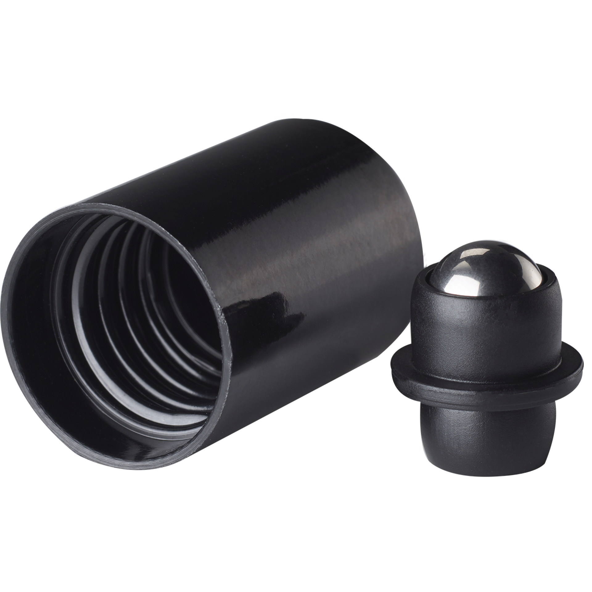 Roll-on cap DIN18, Urea, black fitment, stainless steel ball, black cap (Orion)